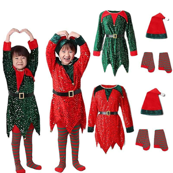 Jultomten Klänning För Flickor Pojkar Elf Cosplay Nyår Glänsande Paljett Grön Röda Kläder Xmas Strumpor Hatt 2023 2 kids 130cm