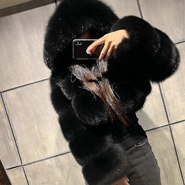 Faux Fur Pelsjakke Dame Med Hætte Cropped Bubble Frakker Fleece Kort Varm Jakke Størrelse Frakker Til Kvinder Large Black