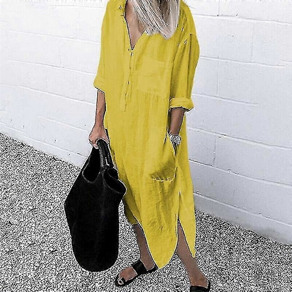 Plus size Dame Casual Bluse Lang Skjorte Kjole Damer Krave Knap Ned Kjole Cy yellow 4XL
