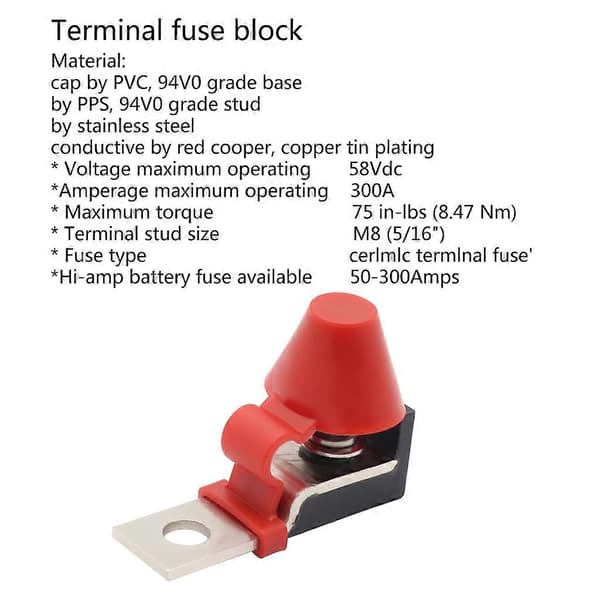 Terminal Säkringsblock, 300A 58V-DC Max, Enkel Stud 5/16\" (M8)