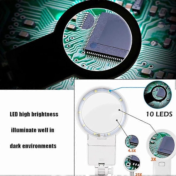 10 LED Lys Lupe Stasjon Forstørrelsesglass Hjelpende Hånd Loddestativ Kit