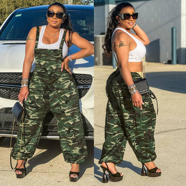 Sommar dam hängselbyxor kamouflage tryckta lösa jumpsuit dark green camouflage L