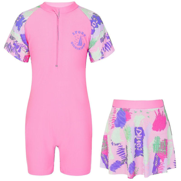 Barn Flickor Badkläder Strandkläder Set Dragkedja Fram Tecknad Graffiti Tryck Lapptäcke Jumpsuit Med Kjol Utslags Skydd Baddräkt Light Blue 3XL