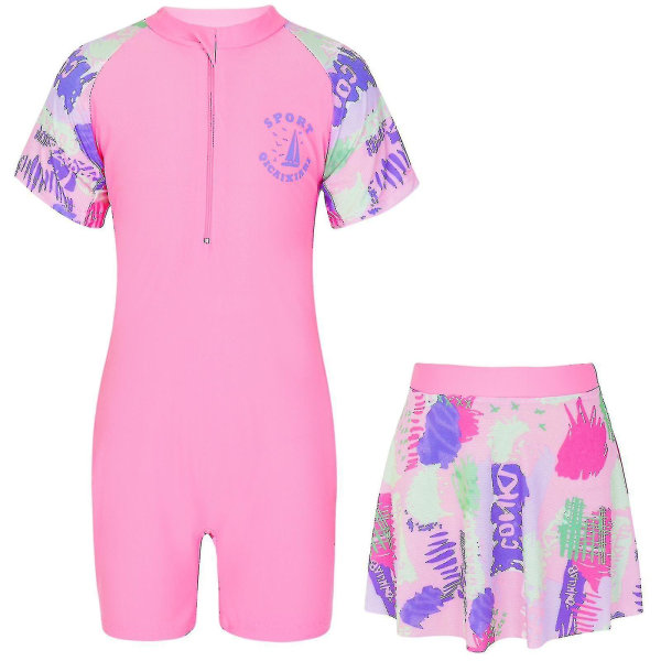 Barn Flickor Badkläder Strandkläder Set Front Ipper Tecknad Graffiti Print Patchwork Jumpsuit med kjol Utslag Guard Baddräkt Pink XXL