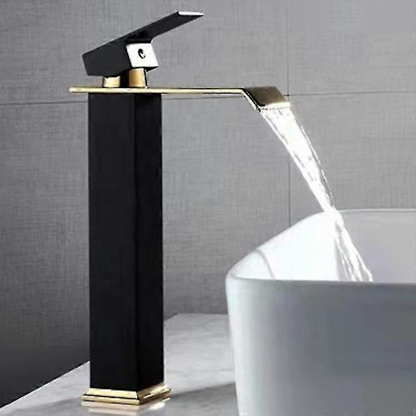 Högkvalitativ Mässing Svart Och Guld Badrum Blandare Kran Vattenfall Rostfritt Stål Hög Tvättställsblandare Brass Black Gold