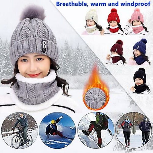 2 stk Sett Vinter Dame Ullaktig Tykk Strikket Lue og Skjerf Sett Strikket Ull Wine Red