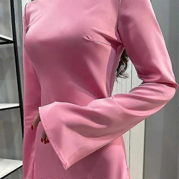 Satin Kjole til Kvinder - Slank Maxi Kjole med Lange Ærmer, Høj Talje, Elegant Ensfarvet Kjole Pink M