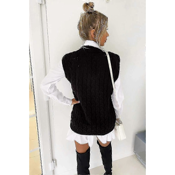Dame Kabelstrikket Ærmeløs Vest Strikket Jumper Tank Top Trøjer s20241212251 Black M