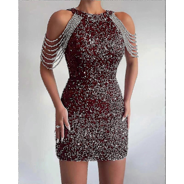 Off Shoulder Gull Paljettkjole Kort Party Bodycon Kjole Dame Sexy Aftenkjole RED L