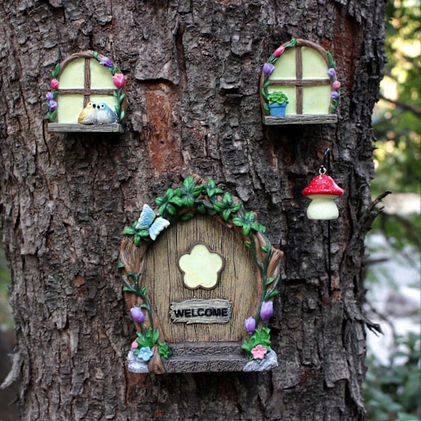 1 Set Trä Hänge Miniatyr Fé Fönster Och Dörr Set Självlysande Träd Ornament för Utomhus Trädgårdsdekoration