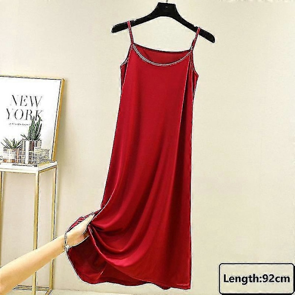Sömlös hel underklänning under klänning dam sommar plus size ärmlös is silke underkjol underkjol sexig smal axelband nattlinne_h Wine Red-92cm XL Weight(65-80kg)