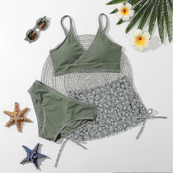 Sommar Tankini Set för Små Flickor, 3 Delar/set, Strand Surf Badkläder 8-12 År, Vadderad Bikini Baddräkt Set för Barn green 130