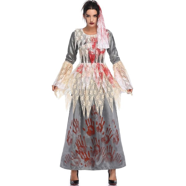 Halloween Day Of The Dead Skräck Bloody Ghost Bride Cosplay kostym Purim Masquerade Skrämmande Zombie Vampire Devil Festklänning Gray L