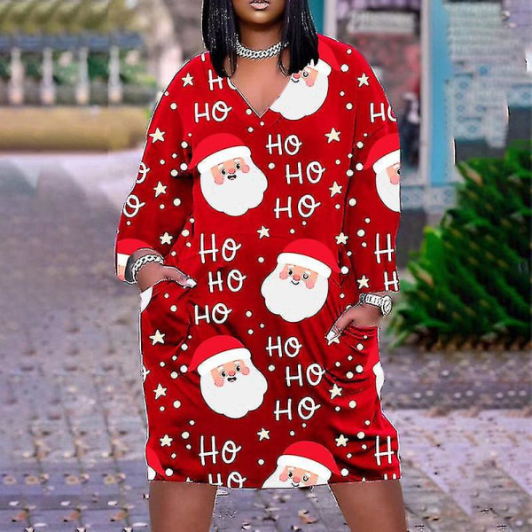 Santa Claus Print Dress Dammode kortärmad julklänning LQ41K220711G 3XL