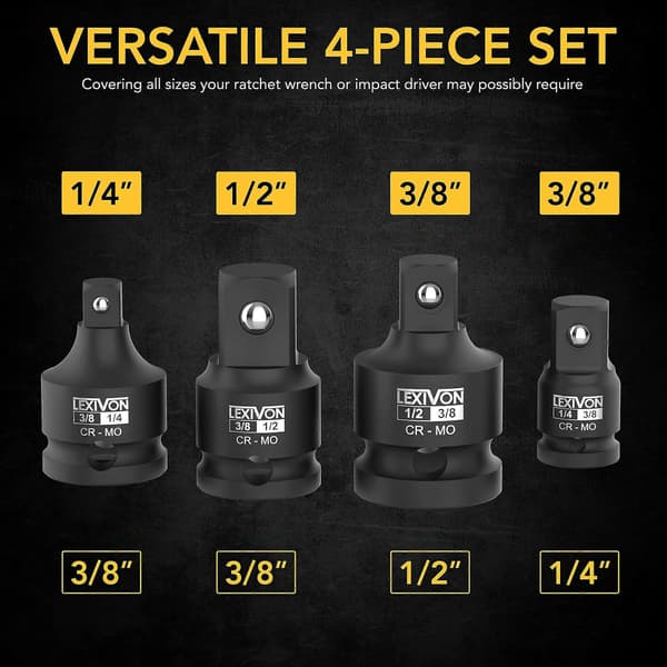 Reducer Impact Adapter, Sæt med 4, 1/2\" til 3/8\" | 1/4\" til 3/8\" | 3/8\" til 1/4\" | 3/8\" til 1/2\"