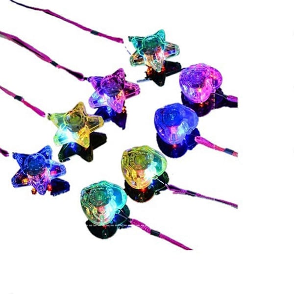 8 stk. Fargerikt LED-glitrende plastikk halskjede og skinnende anheng (4 stk. Pentagramstjerne og 4 stk. Hjerteform)