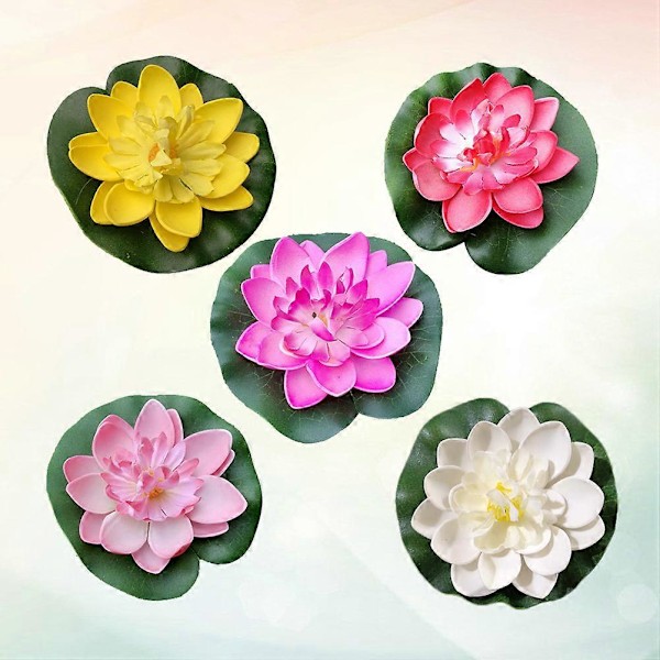 5 stk. 10 cm Simulerings Flytende Vannlilje EVA Lotus Blomst Dam Fisketank Dekor Ornamenter (Hvit + Rød + Gul + Rosa + Lys Rosa)