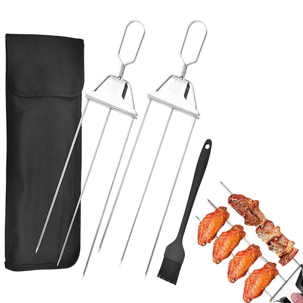 Nya 3-vägs grillspett räkspett för grillning rostfritt stål grillpinnar med tryckstång 3-grenat spett BBQ-pinne kebab 1pcs
