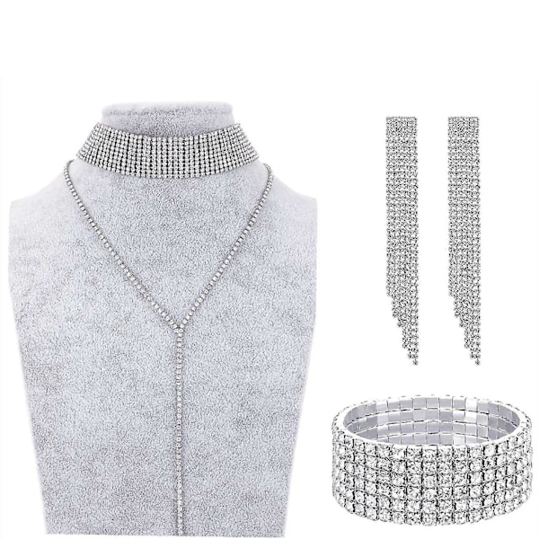 Dame Krystal Smykkesæt Brude Bryllup Rhinestone Choker Armbånd Hænge Øreringe Farve: Guld