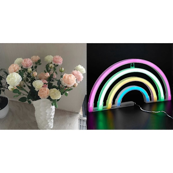3 Hoveder Kunstige Blomster Pæon Buket Silkeblomster (pink) Med Nyt Sødt Regnbue Neon Skilt Led Rai