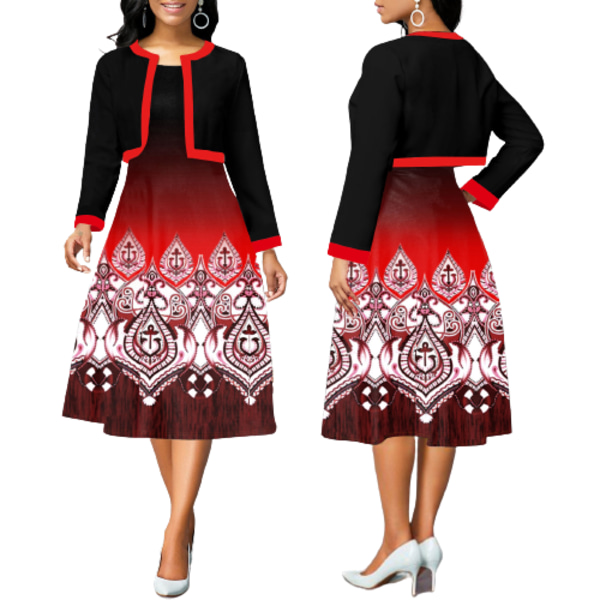 Ärmlös väst liten doftkappa tvådelad set moderiktig elegant digitaltryckt kjolset red M