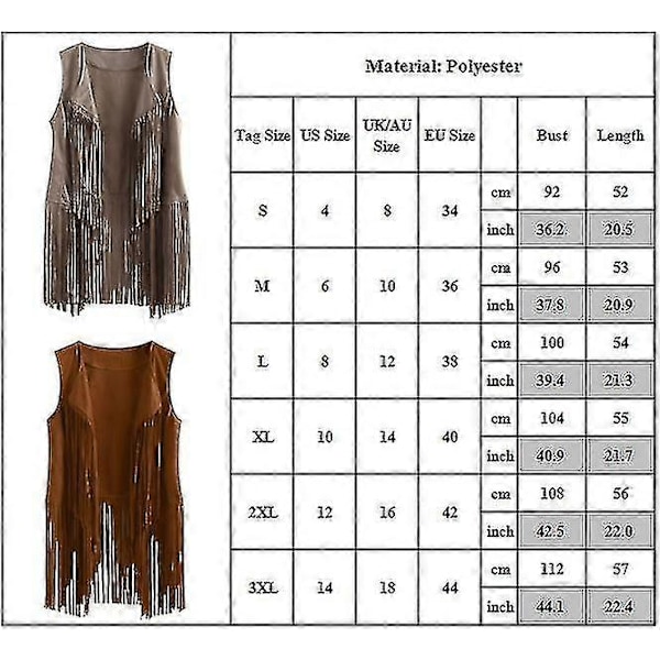 Ärmlös väst med tofsar för kvinnor 70-tal 1970-tal Hippie Faux Suede Västar Fransjacka Koftor Grey 2XL