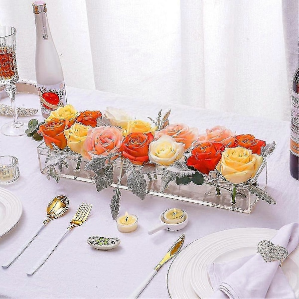 Klar Akryl Blomstervase Rektangulær Blomsterdekorasjon til Spisebord, Lang Rektangulær Akrylvase til Hjem Bryllup Spisebord Dekor With lights S