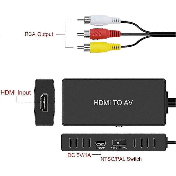HDMI-kompatibel til AV-konverter Støtter PAL/NTSC Kompatibel Fire Stick, For Apple TV, DVD, Blu-ray-spiller