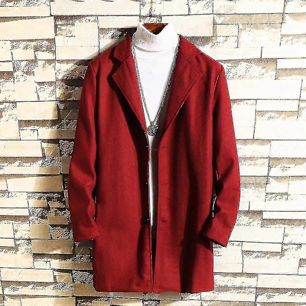 Isokokoisille miehille klassinen villakangastakki lämmin talvitakki yksirivinen pitkä trenssi rento slim fit päällystakki Wine Red 3XL