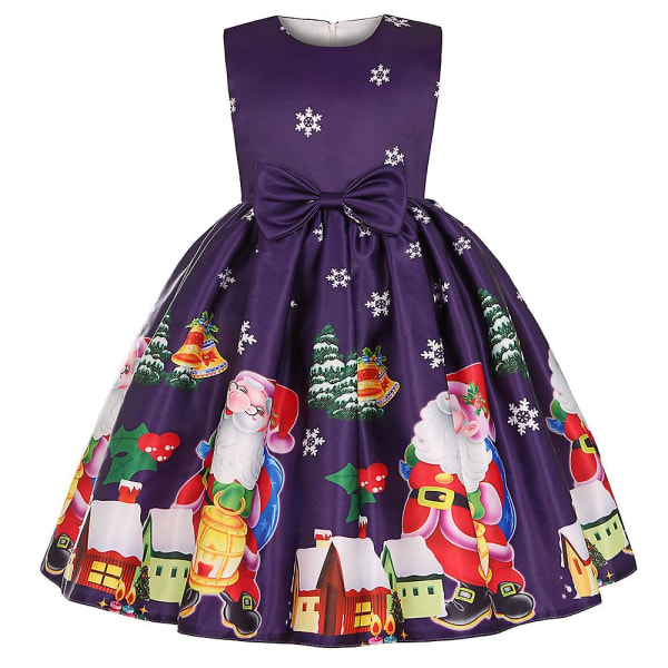 Jul Barn Flickor Ärmlös A-linje klänning Print Bowknot Swing Skater Klänningar Kvällsjulfest Balklänning Kostym Purple 9-10 Years