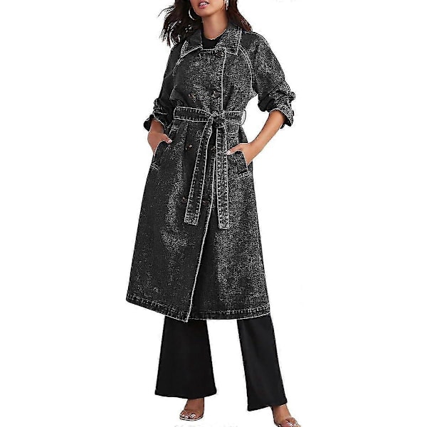 Naisten Vintage Midi Pitkä Farkkutakki Väljä Istuvuus Kaksirivinen Denim-trenssitakki Vyöllä Black Medium