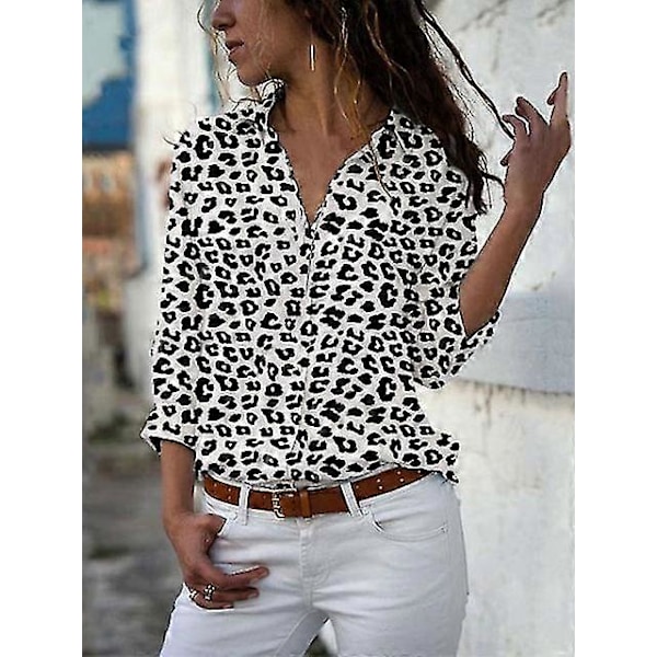 Elegant Chiffonbluse til Kvinder i Store Størrelser med Nedfaldskrave - 2023 Afslappet og Arbejdstøj i 5xl Leopard-long sleeve XXXL