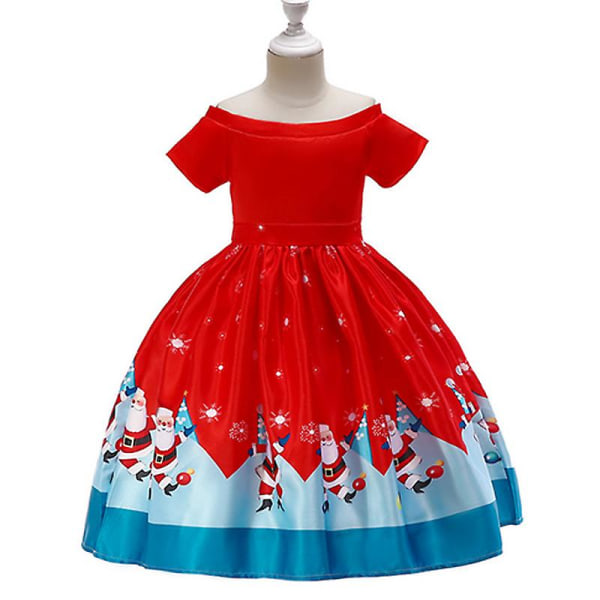 Jul Små Barn Flickor Spets A-linje Swing Dress Xmas Jultomten Print Bal Balklänning Afton Formell Prinsess Klänning Fest Kostym Red B 8-9 Years