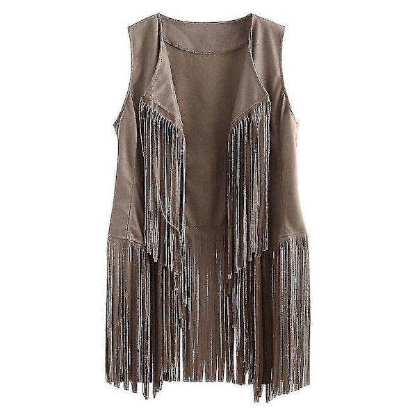Ärmlös väst med tofsar för kvinnor 70-tal 1970-tal Hippie Faux Suede Västar Fransjacka Koftor Beige 3XL