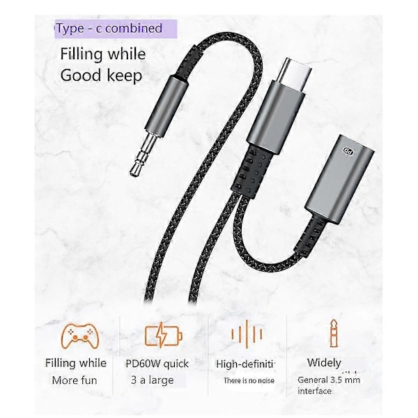 Type C til 3,5 mm lydadapterkabel Aux Bil Hifi Lydadapter Digital Dekoder Hodetelefonkontaktadapter