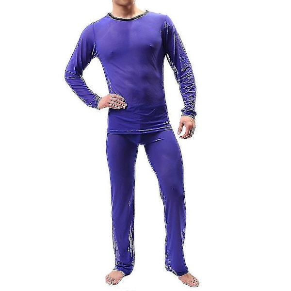 Herr Mesh Genomskinlig Pyjamas Set Sexig Topp + Byxor Underkläder Erotiska Nattkläder Royal Blue M