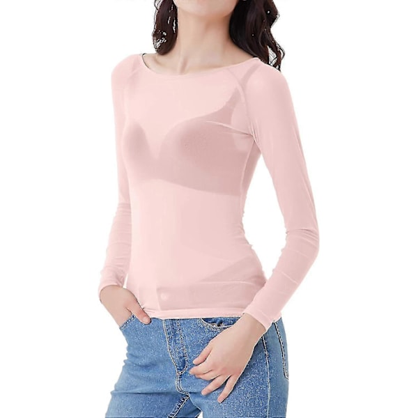 Dame Elastisk Scoop Neck Gjennomsiktig Sexy Slim Fit Mesh Topper Langermet Bluse Pink S
