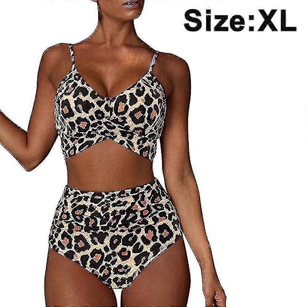 Højtaljet bandage bikini sæt til kvinder, wrap todelt push up badedragter krydsmønster dame badetøj Leopard XL