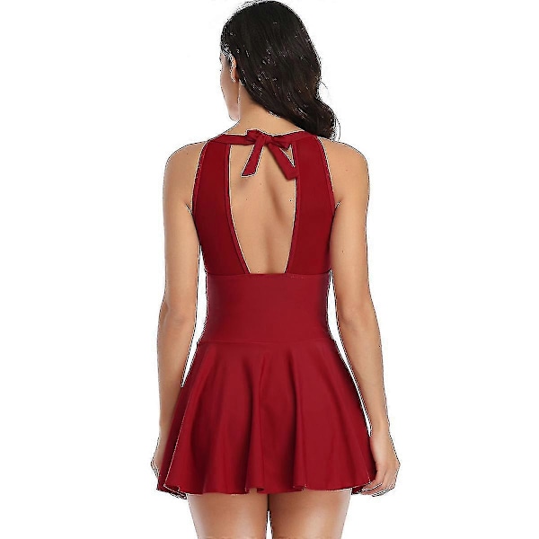 Dam Baddräkt Hel Baddräkt Hög Hals Retro Mesh Rynkad Mage Kontroll Baddräkter Kjol Plus Size Baddräkt Klänning Red M