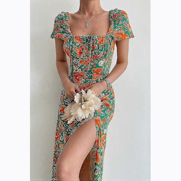 Elegant sød blomsterprint kjole til kvinder sommerkjoler stropløs kort pufærme slank søm slids maxikjole Green S