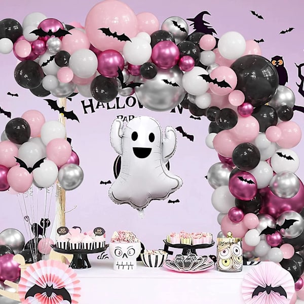 172 stk. Halloween Ballonbue Sæt, Sort Pink Halloween Balloner Med Stor Spøgelse Aluminiumfolie Ballon, Sort Flagermus Og Latex Balloner I 6 Farver Til H