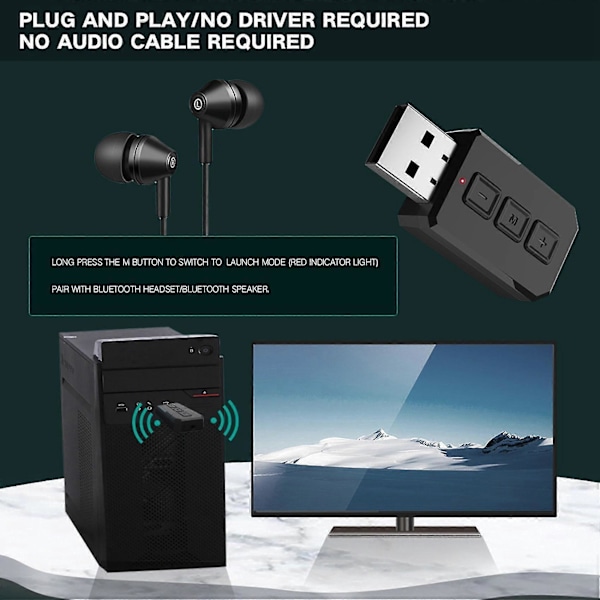 1 stk Bluetooth 5.0 2-i-1 Sender Mottaker USB Adapter 3.5mm Aux Stereo Lydadapter For Bil Co
