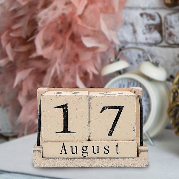 Återanvändbar skrivbordskalender i trä med bränd effekt, kalenderblock för kontor och hem, beige