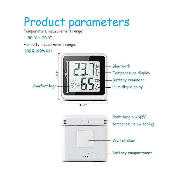 Bluetooth-kompatibelt Termometer LCD Digital Temperatur Sensor Fuktighetsmåler Innendørs Hygrometer Me