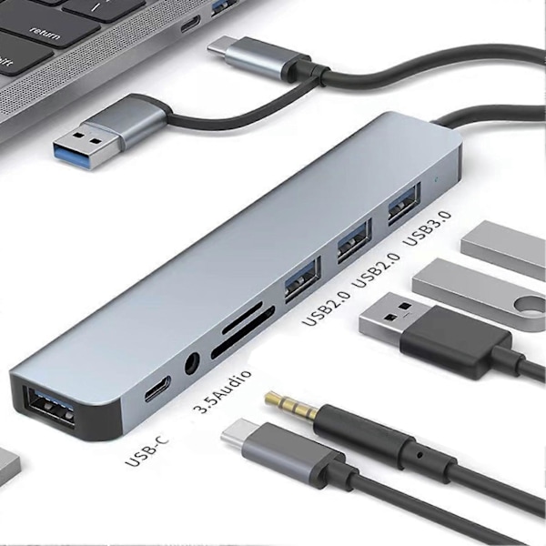 8-i-1 USB-C Hub Multifunksjonell Kortleser USB 3.0 Dokkingsstasjon for Telefon og Tablet