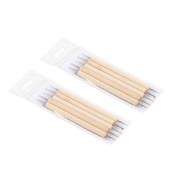 10 st/2-pack Träskaft Nagelkonst Målarpenslar Dubbeländade Pennor Prickverktyg för Manikyr Snideri Modellering