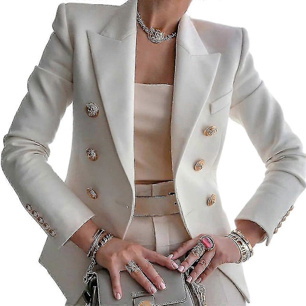 Dame Dobbeltradet Blazer Langærmet Reversfrakke Mode Afslappet Formel Slim Fit Jakke Overtøj February5 White M