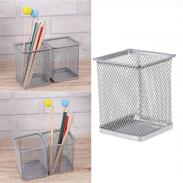 2 stk. Metal Penneholder Firkantet Mesh Blyantholder Container Organizer (Sølv)