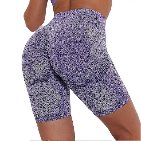 Sömlösa sportshorts för kvinnor, hög midja, yoga shorts, fitness, slimmade gym leggings Purple XL