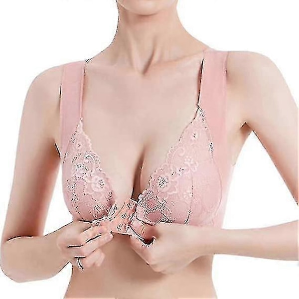 Dam Plus Size Frontknäppning Spets Hållningskorrigerande BH Bekväm Sömlös Full Coverage BH Pink L